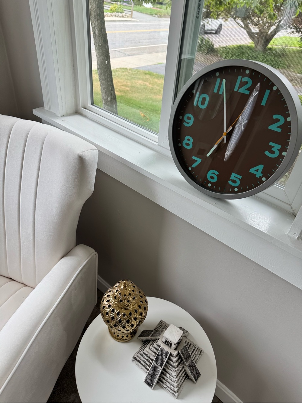Crate&Barrel Brown Clock with Teal Numerals and Silver Rim